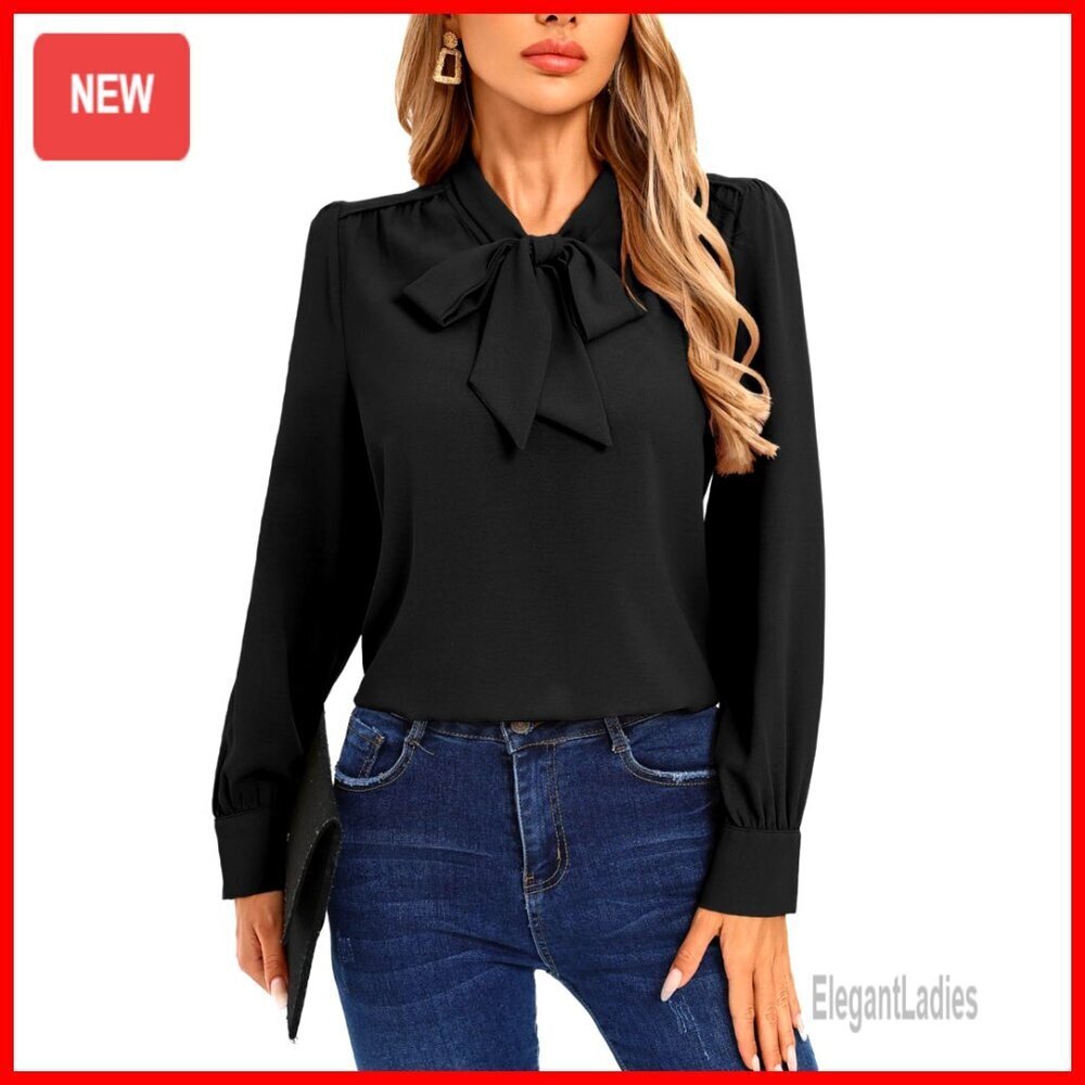 Long Sleeve Bow Tie Blouse for Office Business Professional Dressy Casual Tops